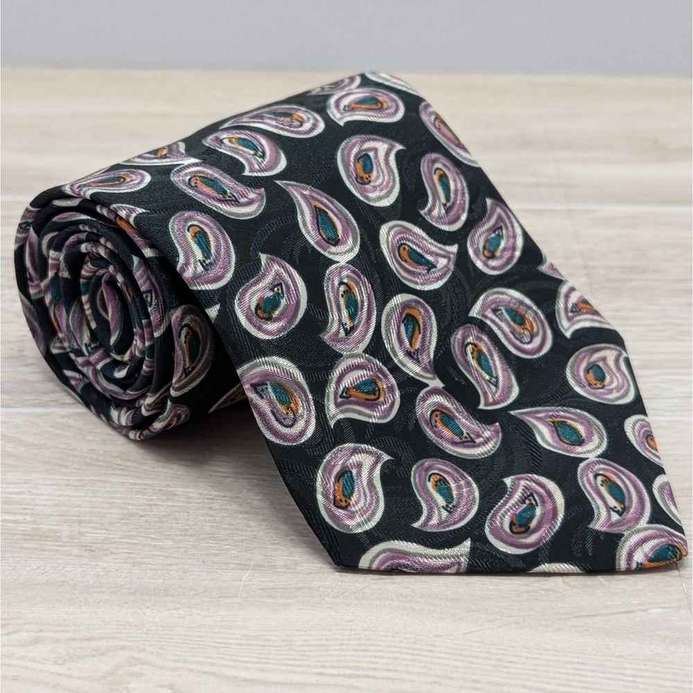 Vintage New Haven Neckwear Co Paisley Tie Black Purple Teal 57x3.75 USA Made